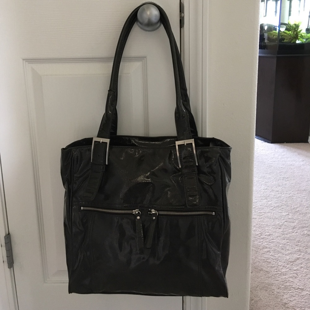 Dark grey faux patent leather tote